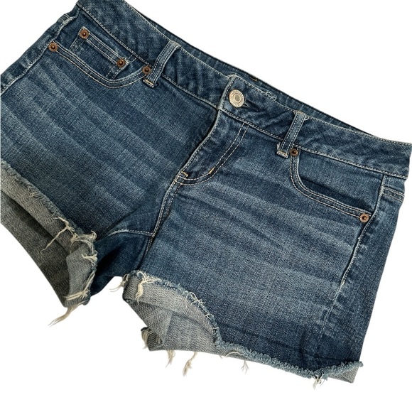 American Eagle Blue Cut-Off Jean Shorts with Frayed Hem and Distressed Details - Picture 1 of 4
